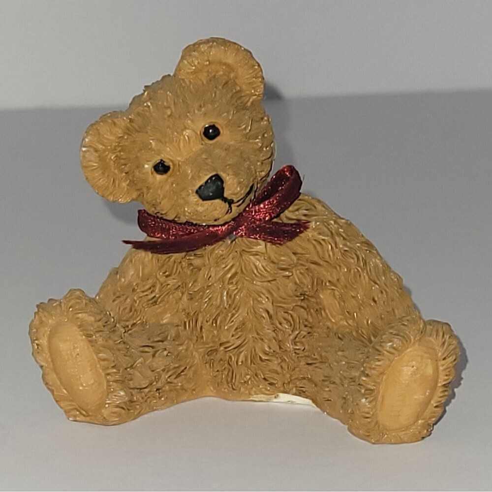 Small Decorative Brown Teddy Bear Figurine with Red Bow